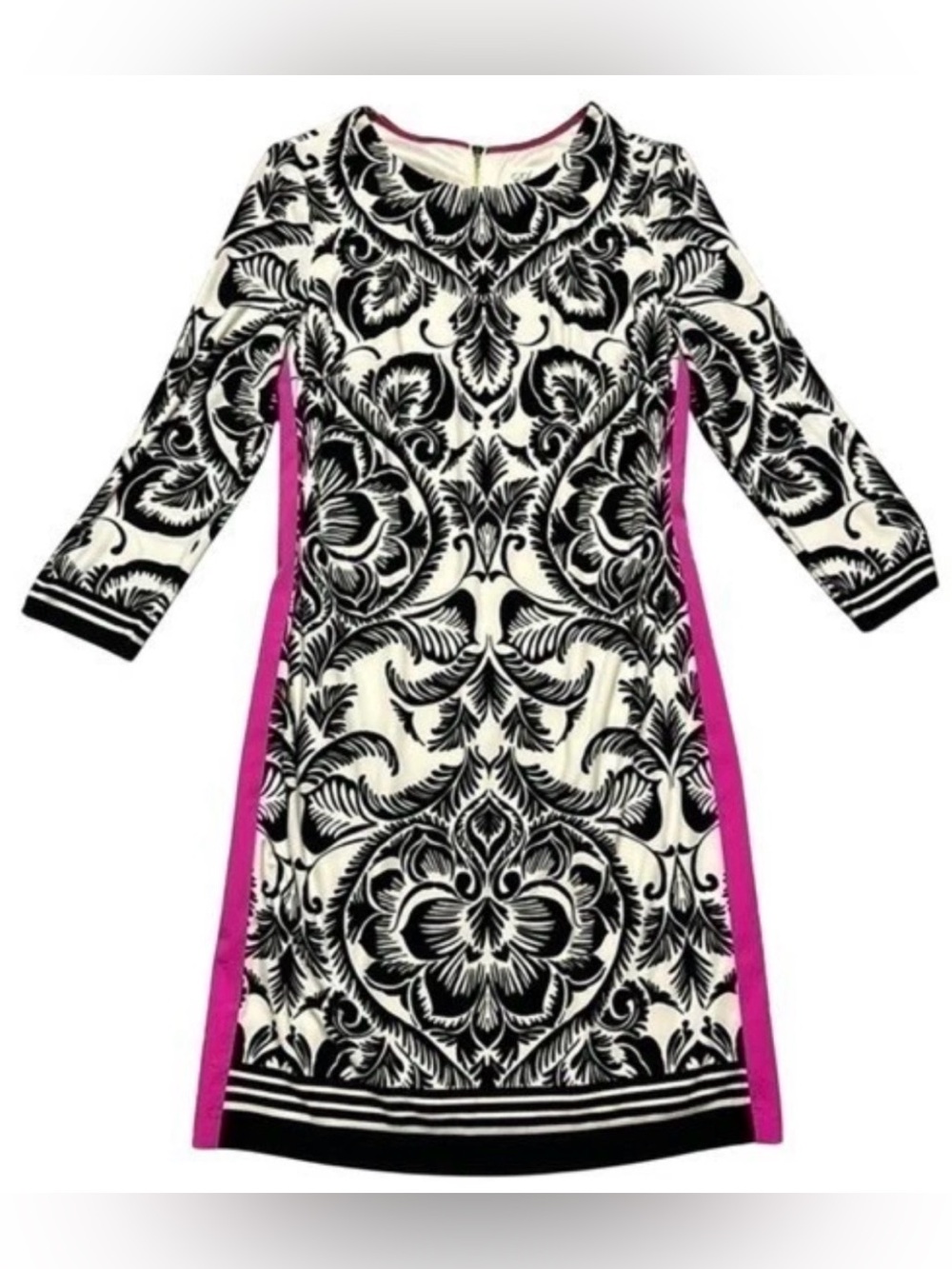 Eliza J Sheath Dress Black Pink Damask Paisley 6 New Midi Length 3/4 Sleeve